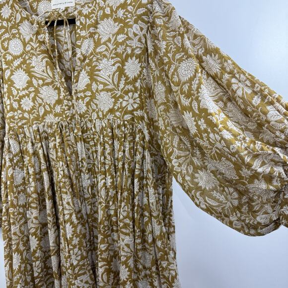 Daughters Of India Kyra Mini Dress XL Olive Floral Balloon Sleeve Boho Indie - Picture 7 of 16